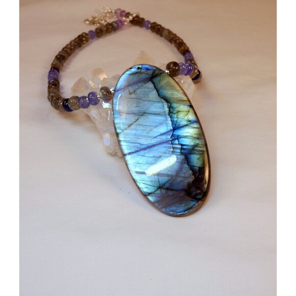 Spectrolite Labradorite Sapphire Tanzanite Sterling Silver Pendant Necklace - Picture 5 of 7